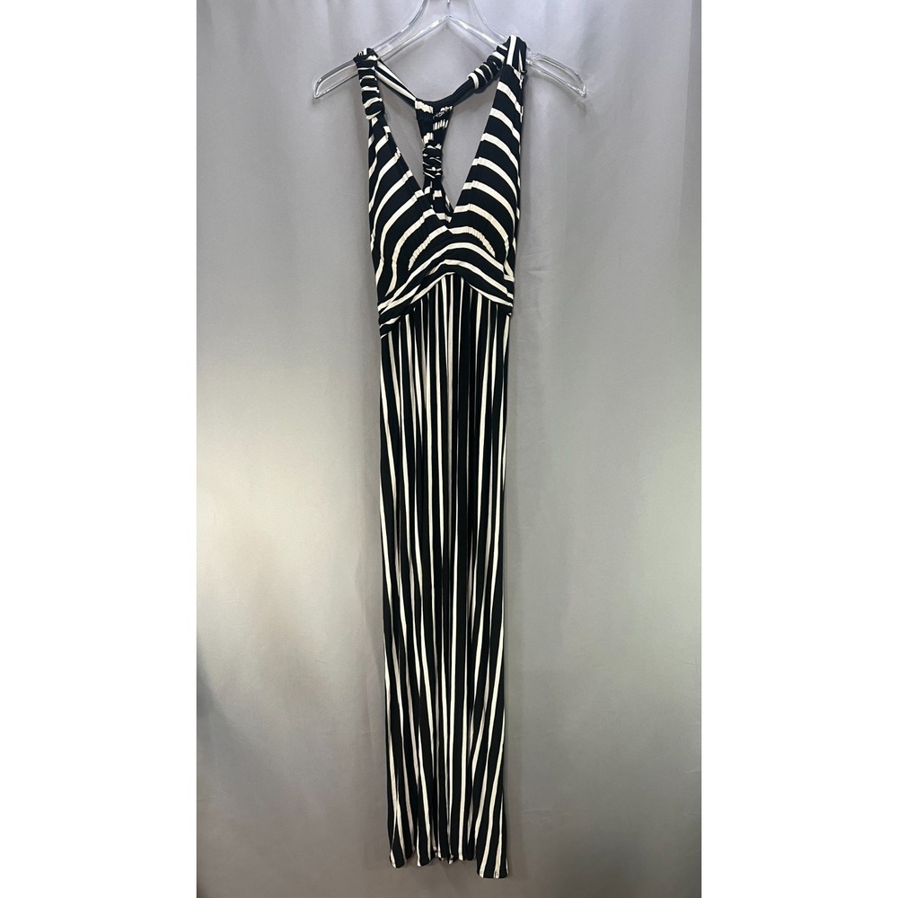 Women Maxi Dress L Black White Striped Plunge V Neck Racerback Padded Sleeveless